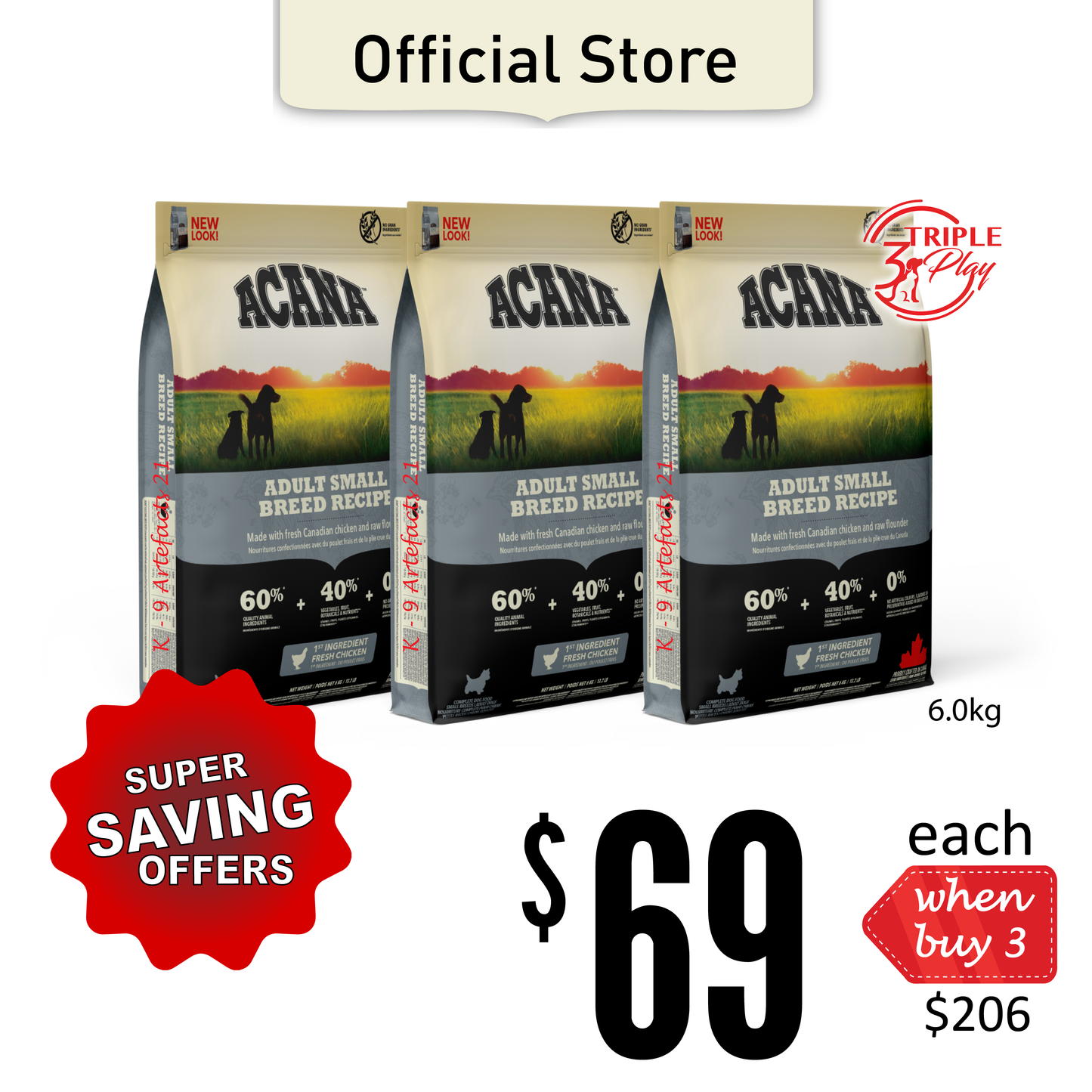TriplePLAY ACANA Freeze-Dried Coated Adult Small Breed Dog Food 6.0kg