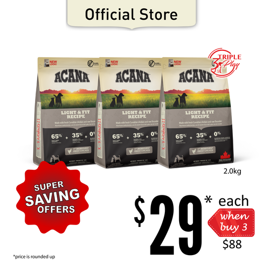 TriplePLAY ACANA Freeze-Dried Coated Light & Fit Dog Food 2kg x3