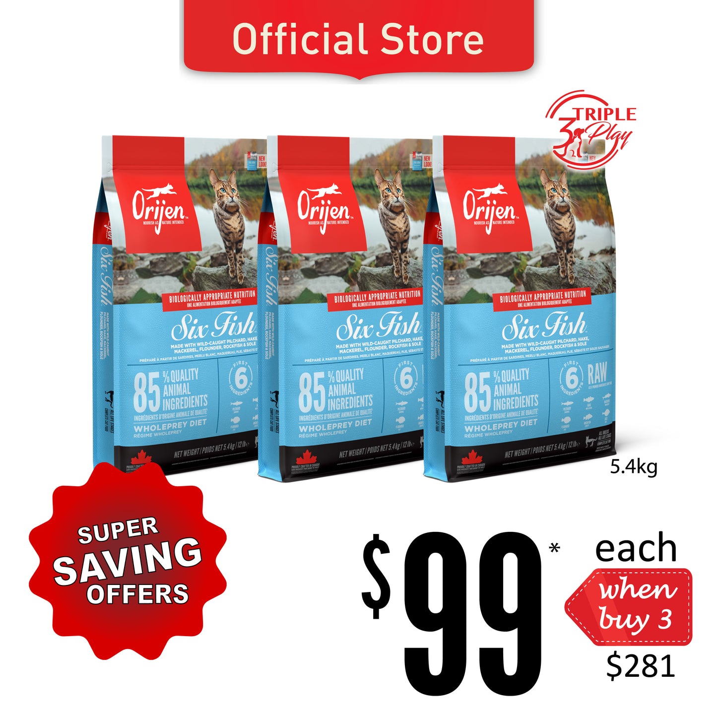 TriplePLAY ORIJEN Six Fish Cat Food 5.4kg x 3