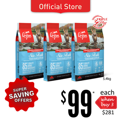 TriplePLAY ORIJEN Six Fish Cat Food 5.4kg x 3