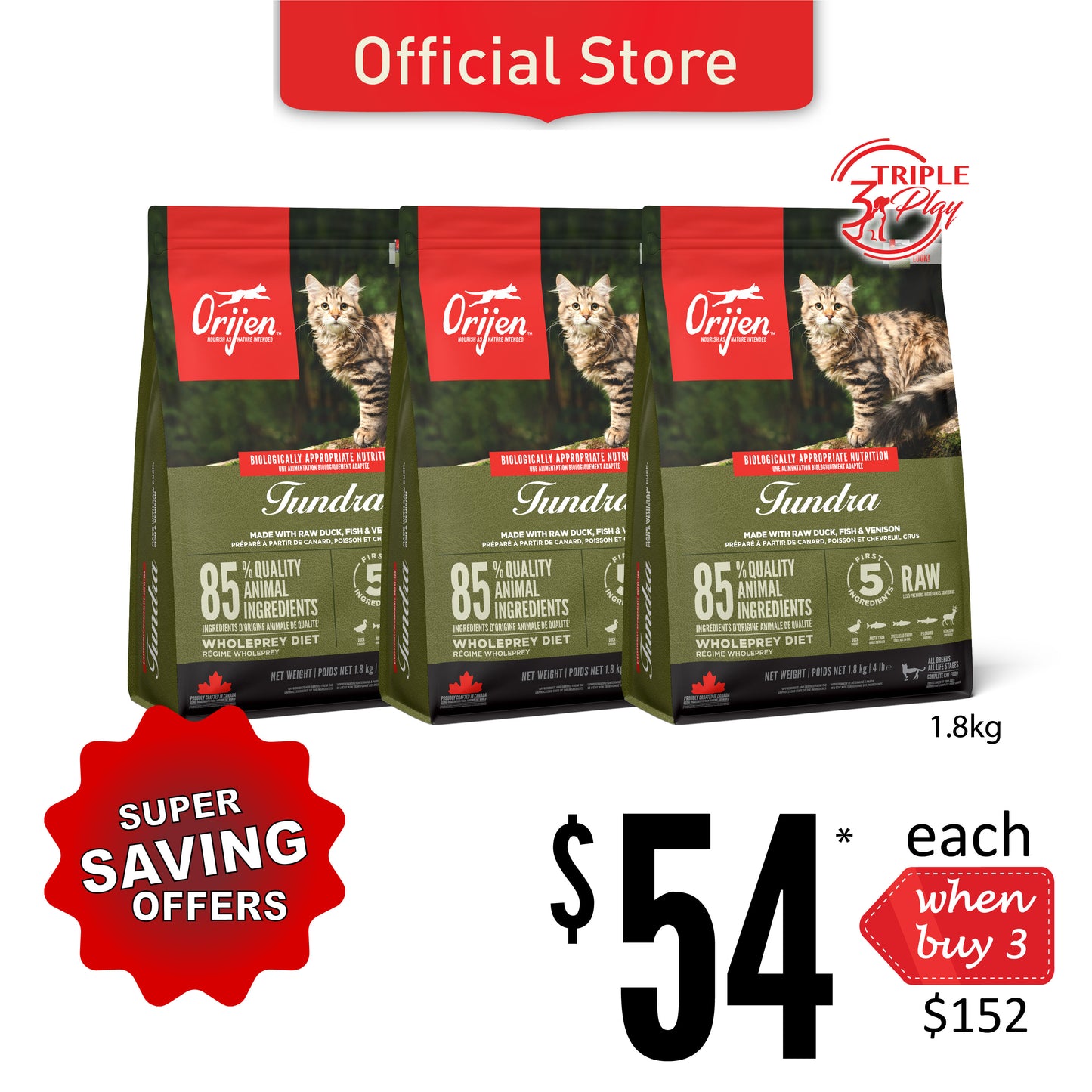 TriplePlay ORIJEN Freeze-Dried Infused Tundra Cat Food 1.8kg x 3