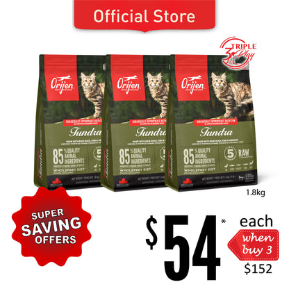 TriplePlay ORIJEN Freeze-Dried Infused Tundra Cat Food 1.8kg x 3
