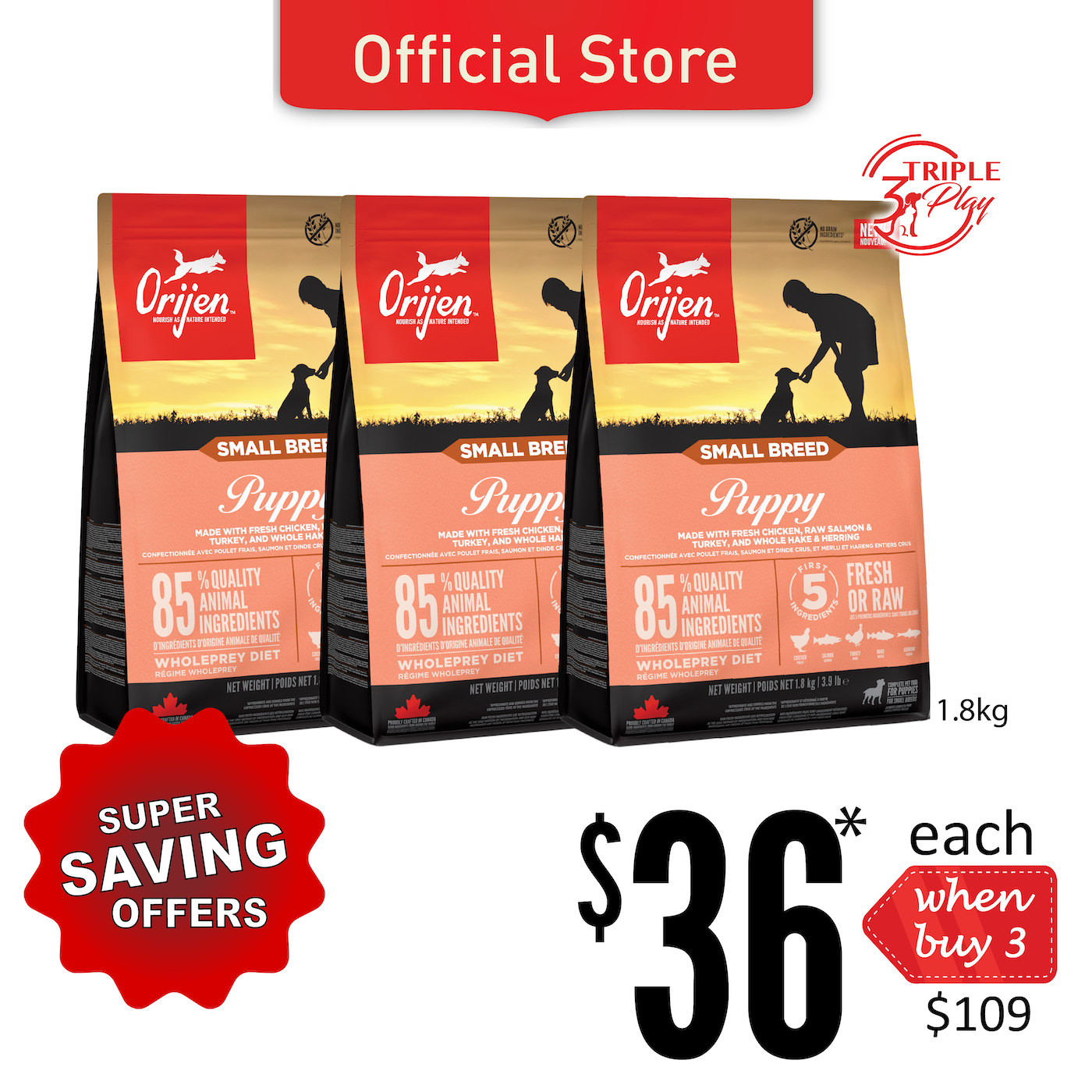 TriplePLAY ORIJEN Freeze-Dried Infused Puppy Small Breed Dog Food