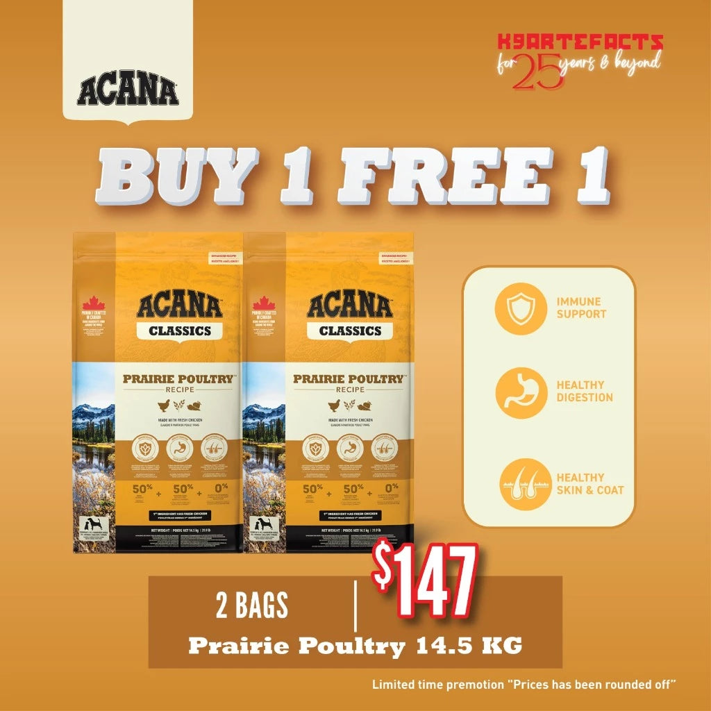 BUY 1 GET 1 FREE ACANA Prairie Poultry Dog Food 14.5kg